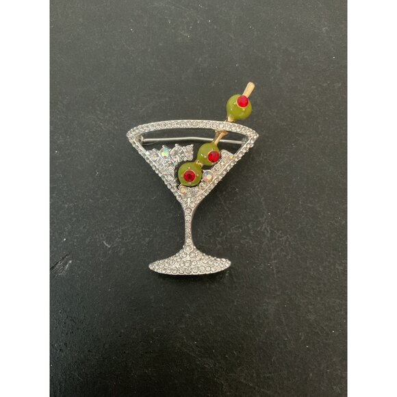 Napier Silver-Tone Martini Glass Brooch With Rhinestones & Olive Detail - Picture 1 of 5